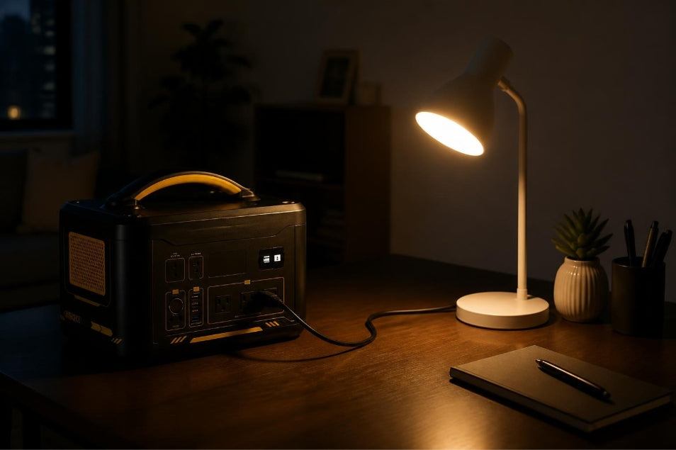 Portable power station provide power to desk lamps during power outages.