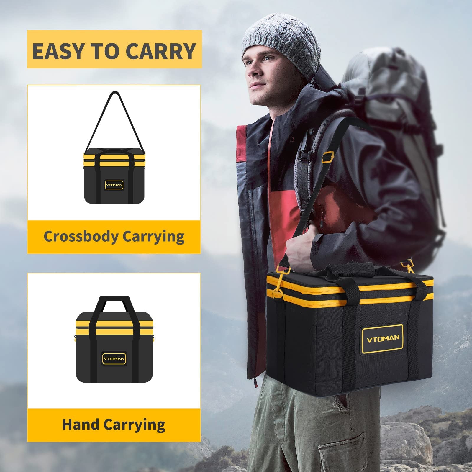 Man outdoors using VTOMAN carrying case bag with options for crossbody or hand carry.