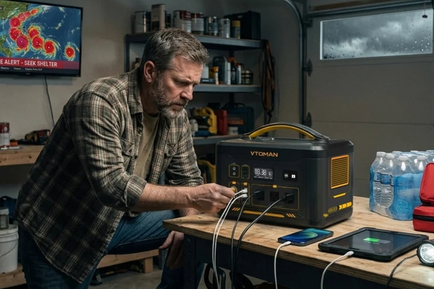 A man uses a power station during a hurricane.