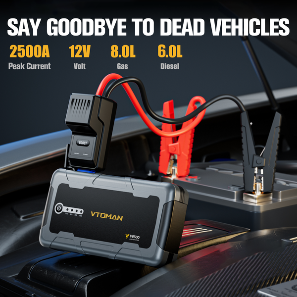 VTOMAN V2500 Jump Starter - Car Battery Jumper Starter for 12V Vehicles (2500A,Up to 8.0L Gas & 6.0L Diesel Engines), Jump Box, Lithium Booster Pack, Portable Charger with Jumper Cables, LED Light