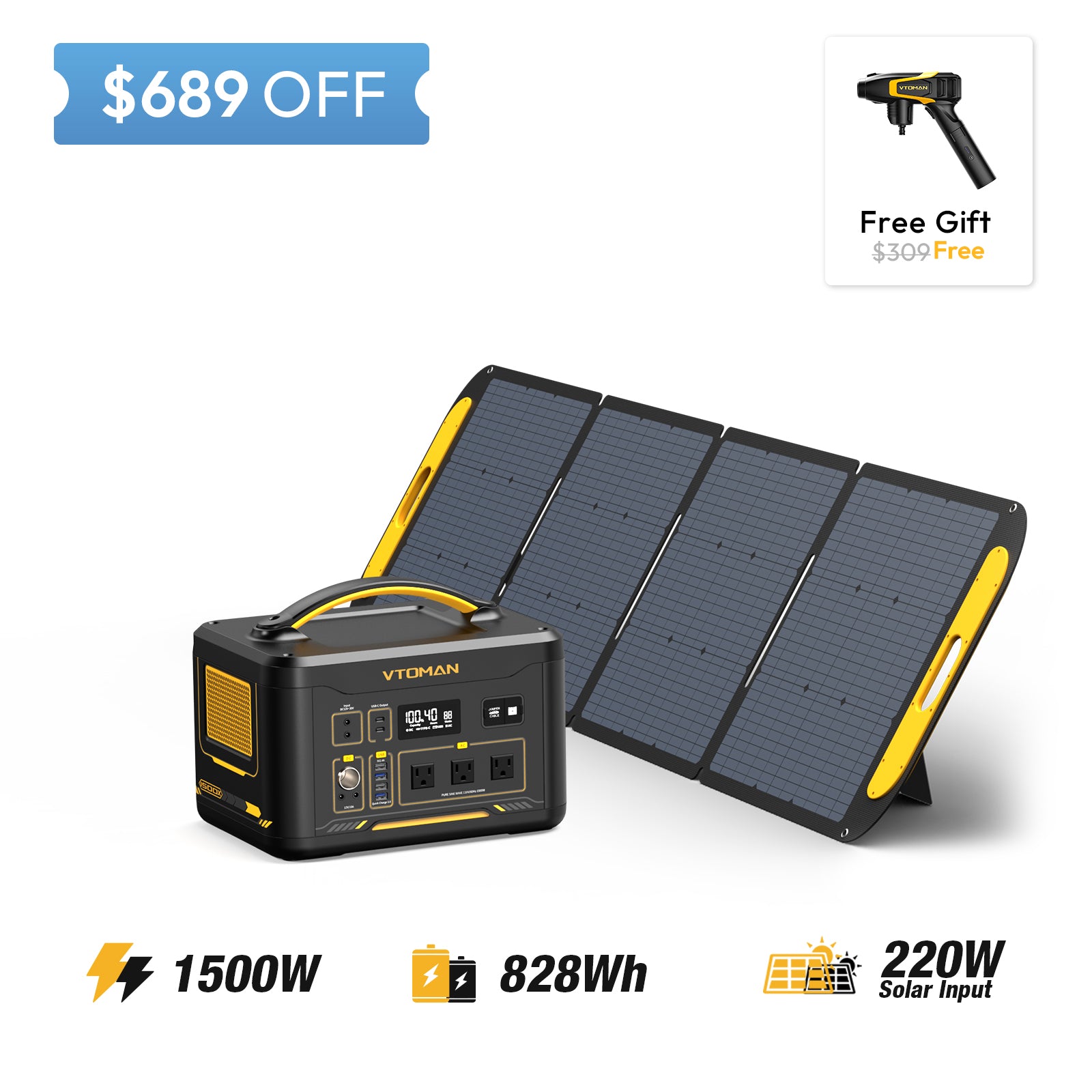 VTOMAN Jump 1500X Portable Power Station 1500W with 220W Foldable Solar  Panels, 828Wh LiFePO4 Battery Solar Generator with 110V/1500W AC