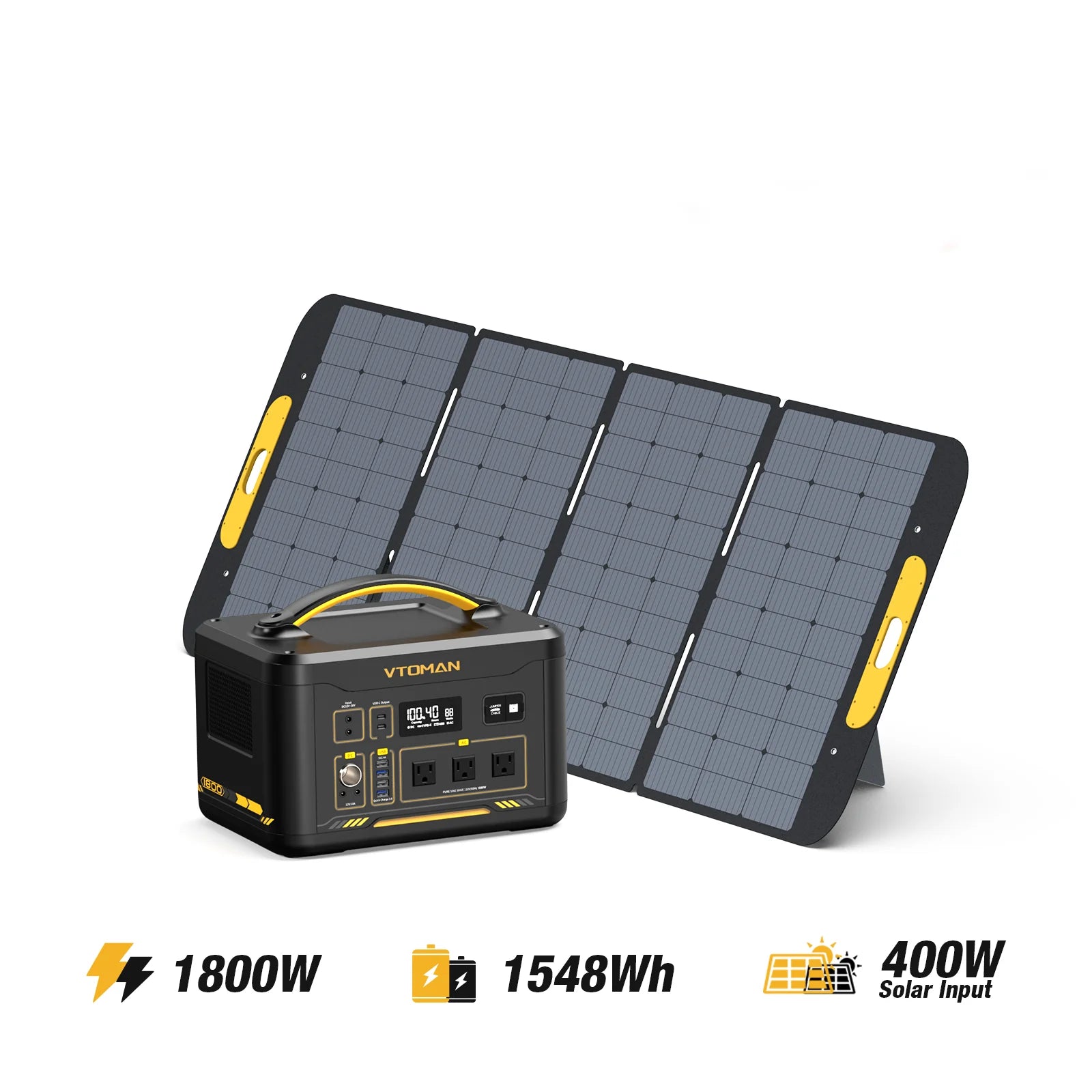 VTOMAN Jump 1800 Power Station with 1548Wh capacity and 400W solar panel.