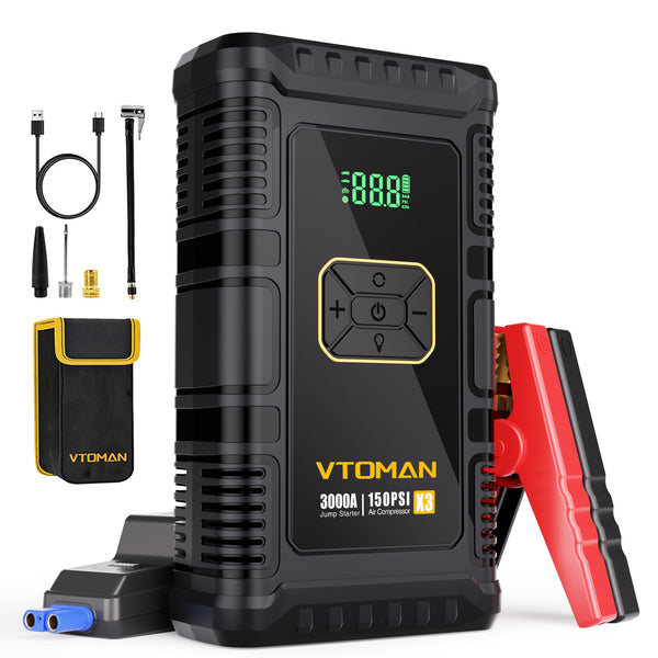 VTOMAN X3 Jump Starter with Air Compressor, 3000A Portable Car Jump Starter (Up to 8.5L Gas/6.0L Diesel) with 150PSI Digital Tire Inflator, 12V Lithium Car Battery Booster Jump Box with Air Pump