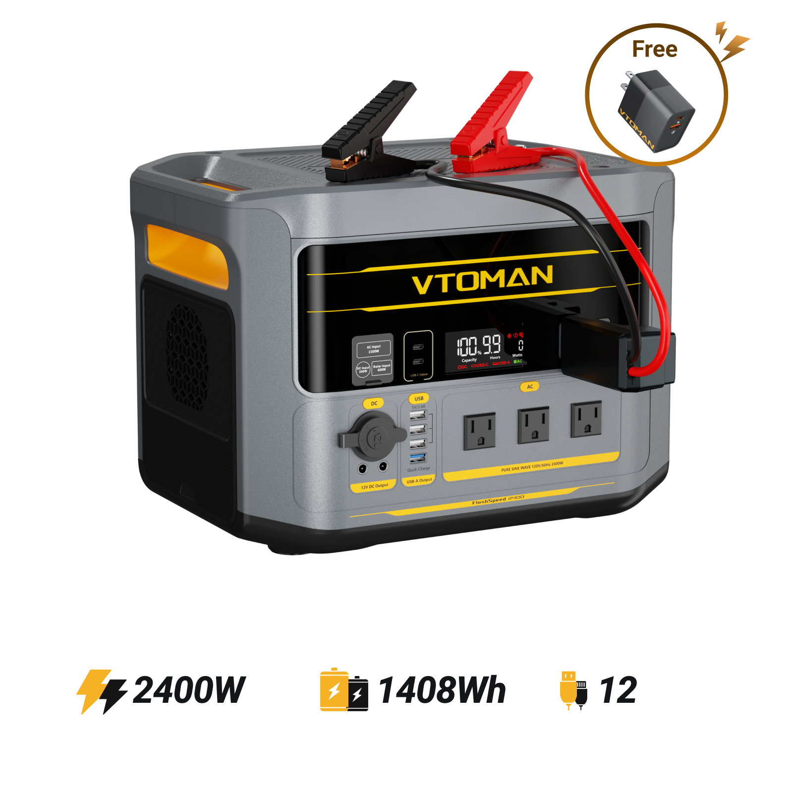 VTOMAN FlashSpeed 2400 Portable Power Station with Jumper Cable