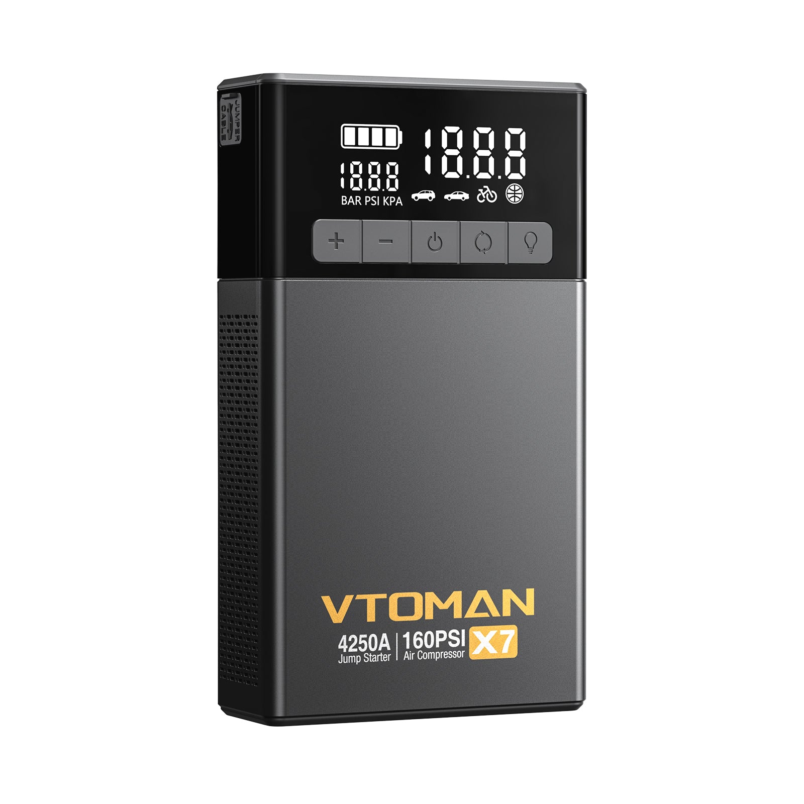 VTOMAN X7 Jump Starter with 4250A peak current and 160PSI air compressor.