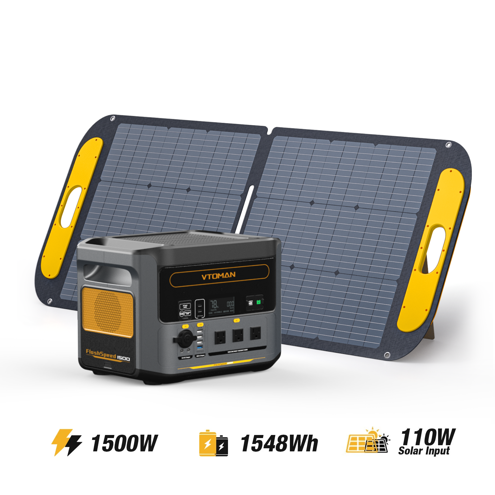 VTOMAN FlashSpeed 1500 Power Station with solar panels, 1500W, 1548Wh capacity