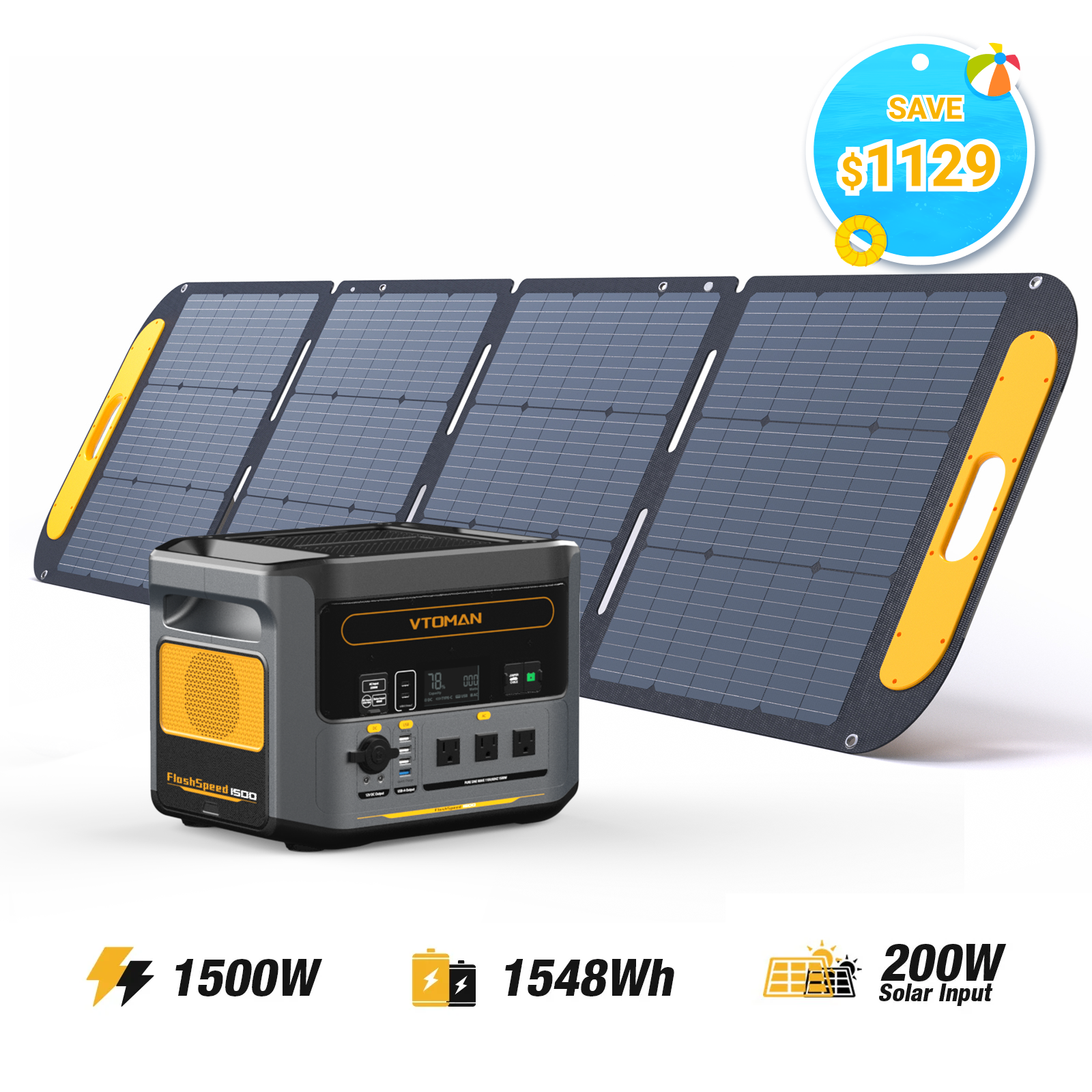 VTOMAN FlashSpeed 1500 with 200W Pro Solar Panel