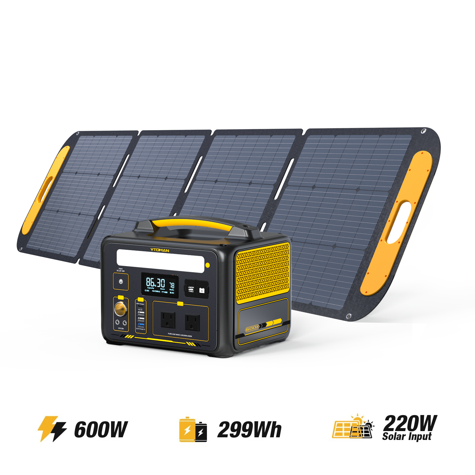 VTOMAN Jump 600X power station with solar panels, 299Wh capacity, 600W output.