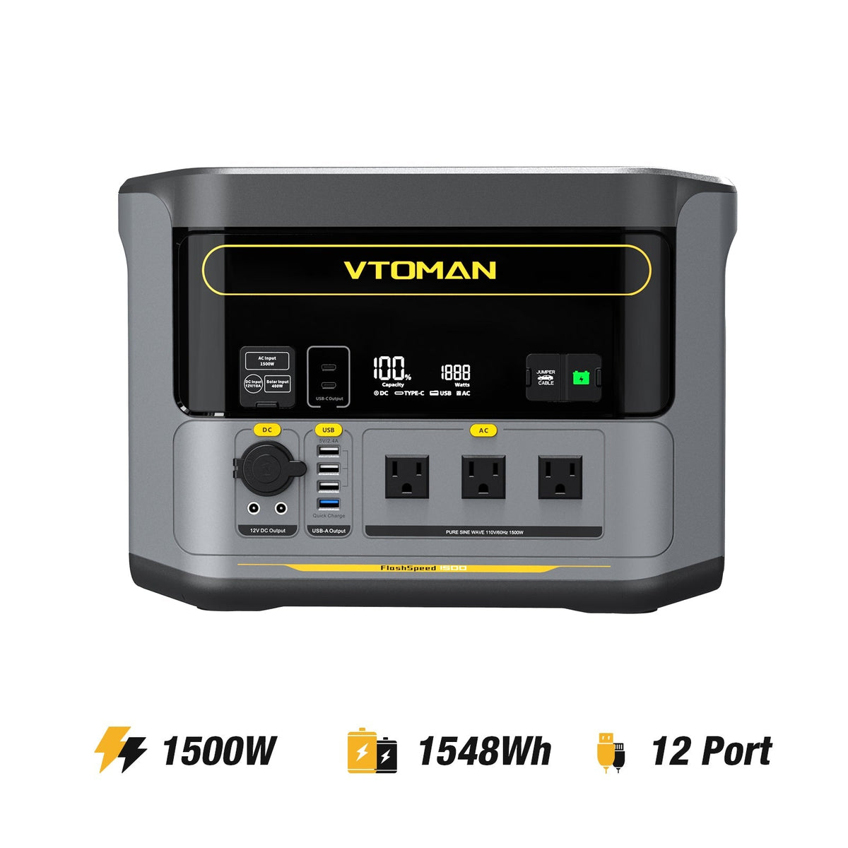 Station D'alimentation VTOMAN FlashSpeed 1500 – 1500W, LiFePO4, 3096Wh, Solaire Compatible