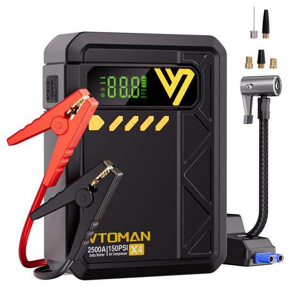 VTOMAN X4 Jump Starter with Air Compressor, 2500A Portable Car Battery Jump Starter (8.5 Gas/6.0L Diesel), 150PSI Auto-Shutoff Tire Inflator, 12V Lithium Jump Box Power Bank with Large LED Display